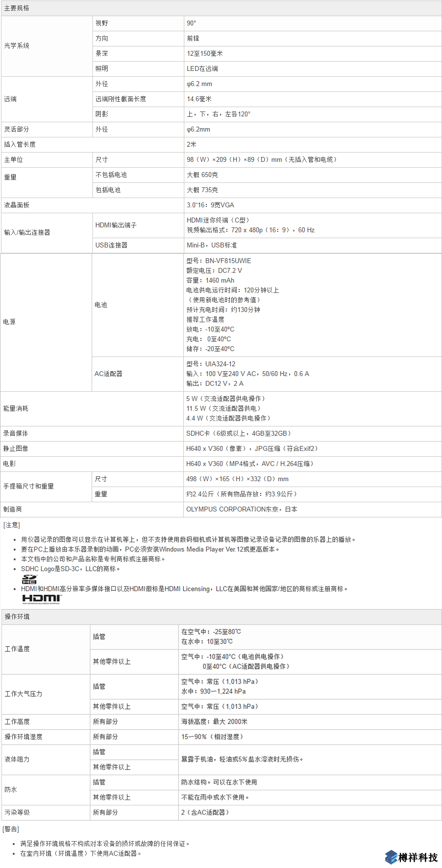 奧林巴斯系列C視頻工業內窺鏡產品規格